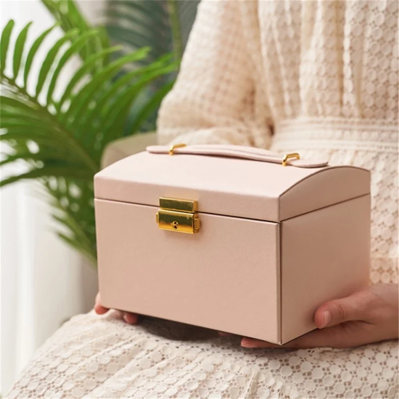 Three Layers Jewelry Box PU Leather Necklace Earring Rings Storage Case with Lock, 17x14x13cm - Beige