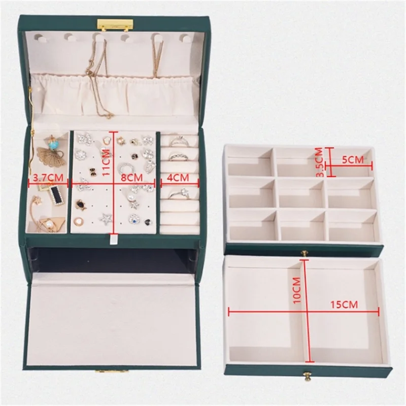 Three Layers Jewelry Box PU Leather Necklace Earring Rings Storage Case with Lock, 17x14x13cm - Beige
