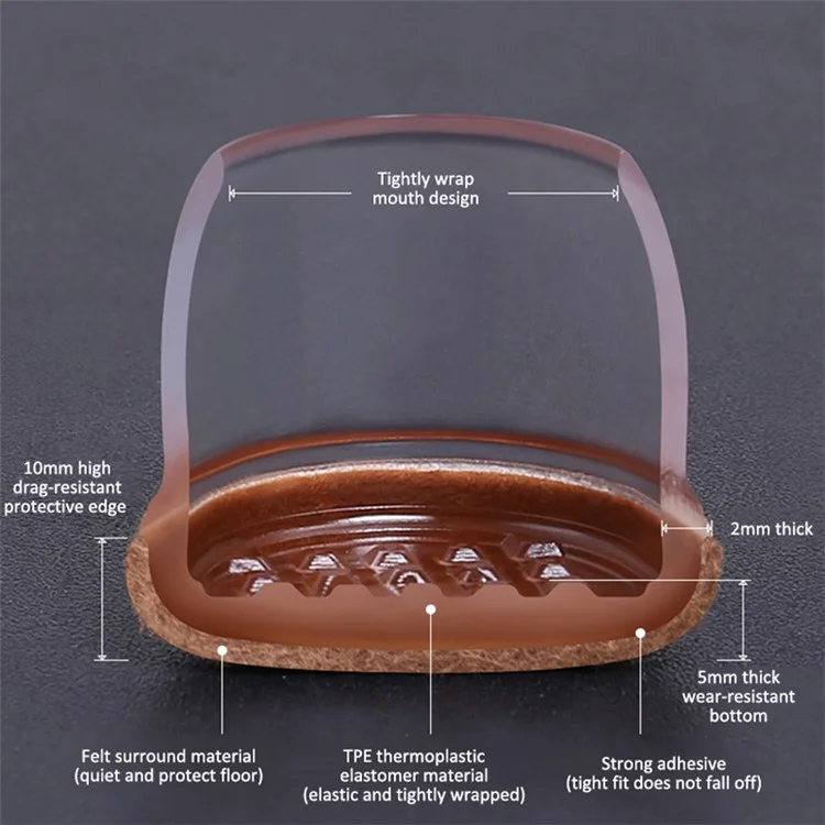 8 Piezas de Protectores de Patas de Muebles de Goma Cuadrados, Fundas para Patas de Silla, Almohadillas de Fieltro para Protección de Suelos, Tamaño L (ST) - Transparente