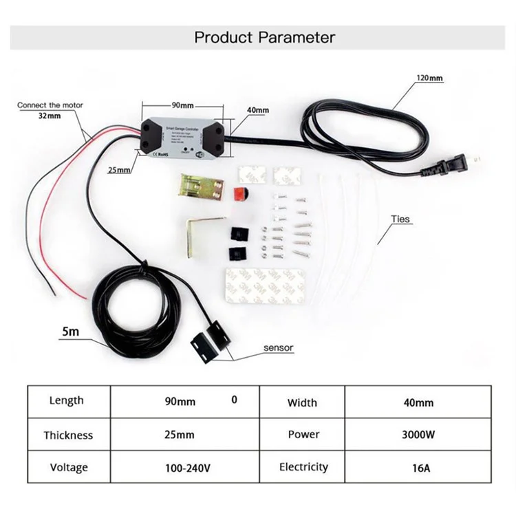 Controlador de porta de garagem inteligente Tuya WG-088 16A WiFi, controle de voz (com CE) - Plugue dos EUA