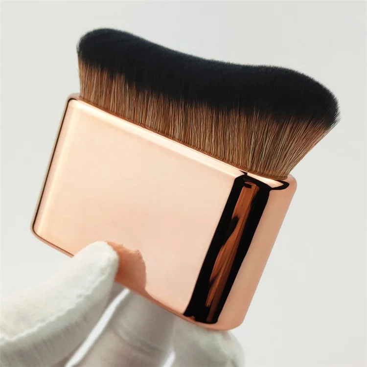 Cepillo de maquillaje de pelo suave con mango chapado en electroplata para base líquida, crema y polvo, color oro rosa