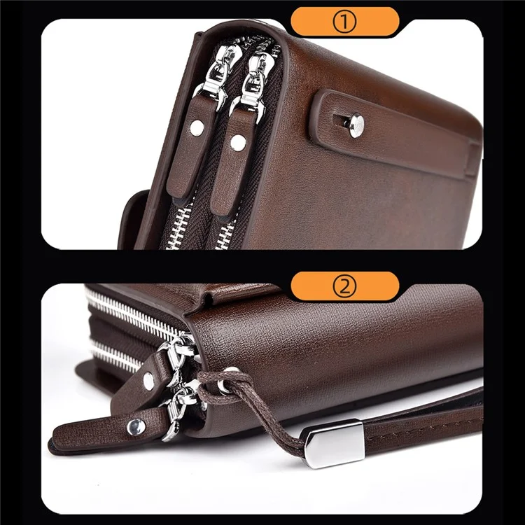 WEIXIER W124 Business Men PU Leather Long Wallet Dual Layer Zipper Clutch with Wrist Strap - Brown