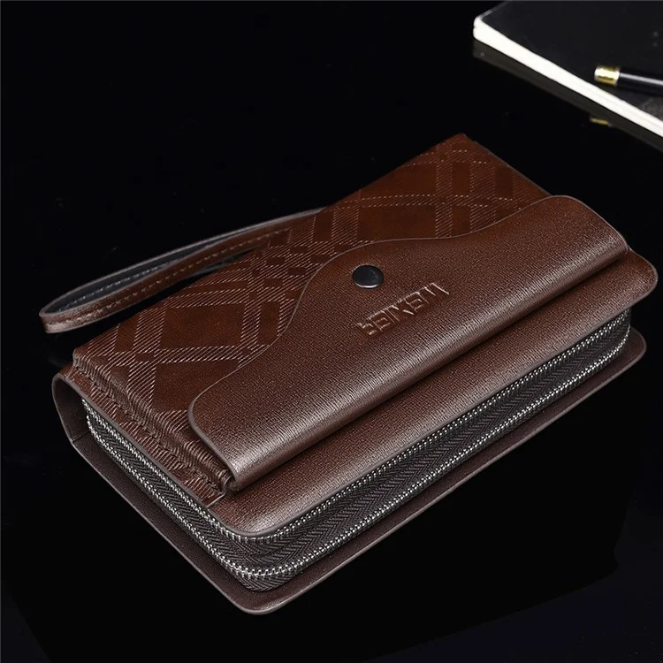 WEIXIER W124 Business Men PU Leather Long Wallet Dual Layer Zipper Clutch with Wrist Strap - Brown