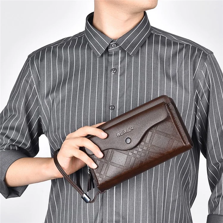 WEIXIER W124 Business Men PU Leather Long Wallet Dual Layer Zipper Clutch with Wrist Strap - Brown