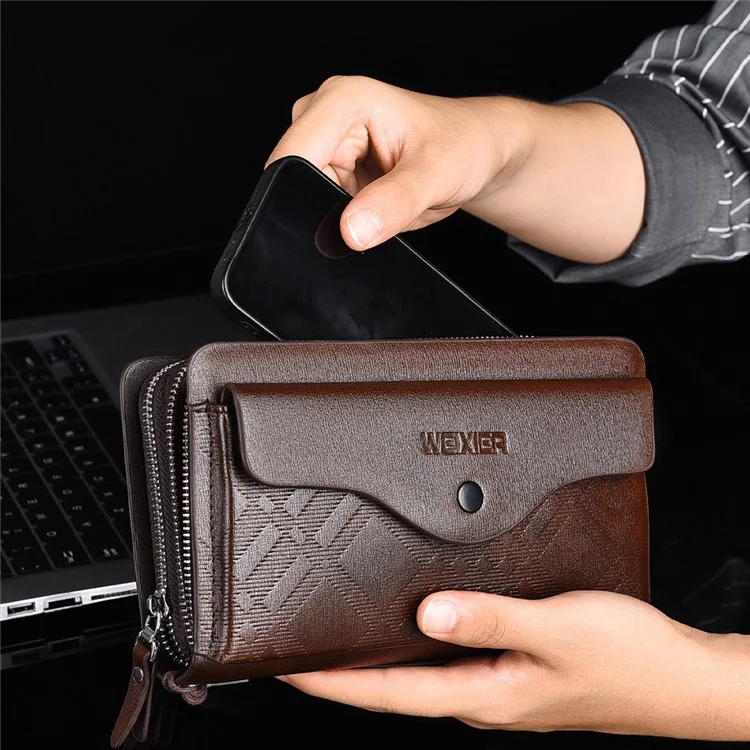 WEIXIER W124 Business Men PU Leather Long Wallet Dual Layer Zipper Clutch with Wrist Strap - Brown