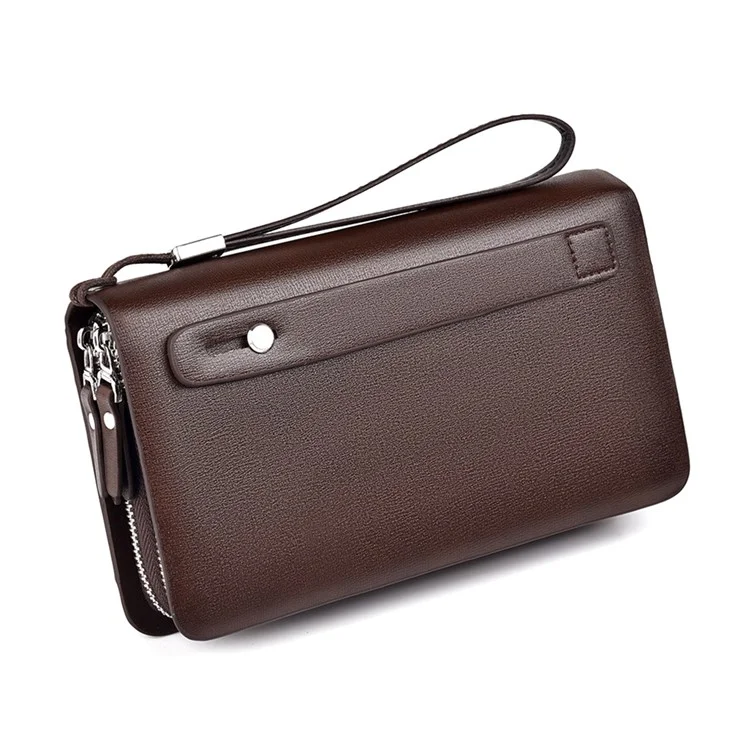 WEIXIER W124 Business Men PU Leather Long Wallet Dual Layer Zipper Clutch with Wrist Strap - Brown