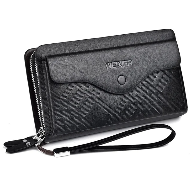 WEIXIER W124 Business Men PU Leather Long Wallet Dual Layer Zipper Clutch with Wrist Strap - Black