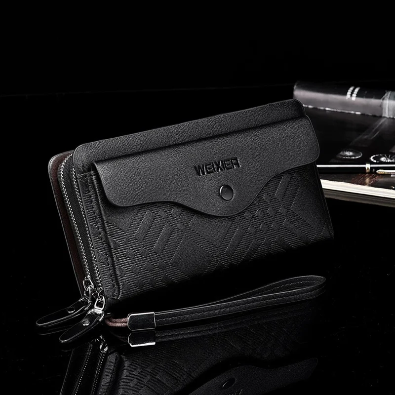 WEIXIER W124 Business Men PU Leather Long Wallet Dual Layer Zipper Clutch with Wrist Strap - Black