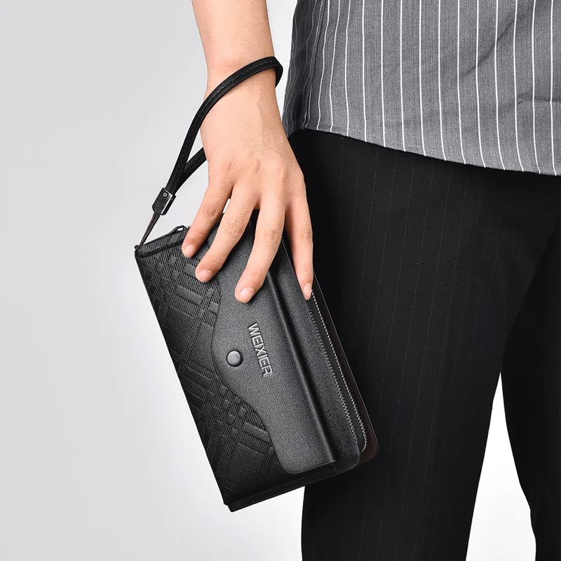 WEIXIER W124 Business Men PU Leather Long Wallet Dual Layer Zipper Clutch with Wrist Strap - Black