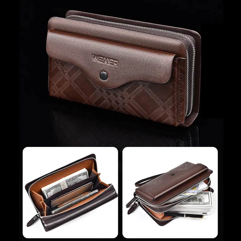 WEIXIER W124 Business Men PU Leather Long Wallet Dual Layer Zipper Clutch with Wrist Strap - Black