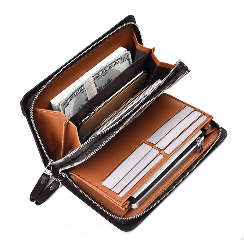 WEIXIER W124 Business Men PU Leather Long Wallet Dual Layer Zipper Clutch with Wrist Strap - Black