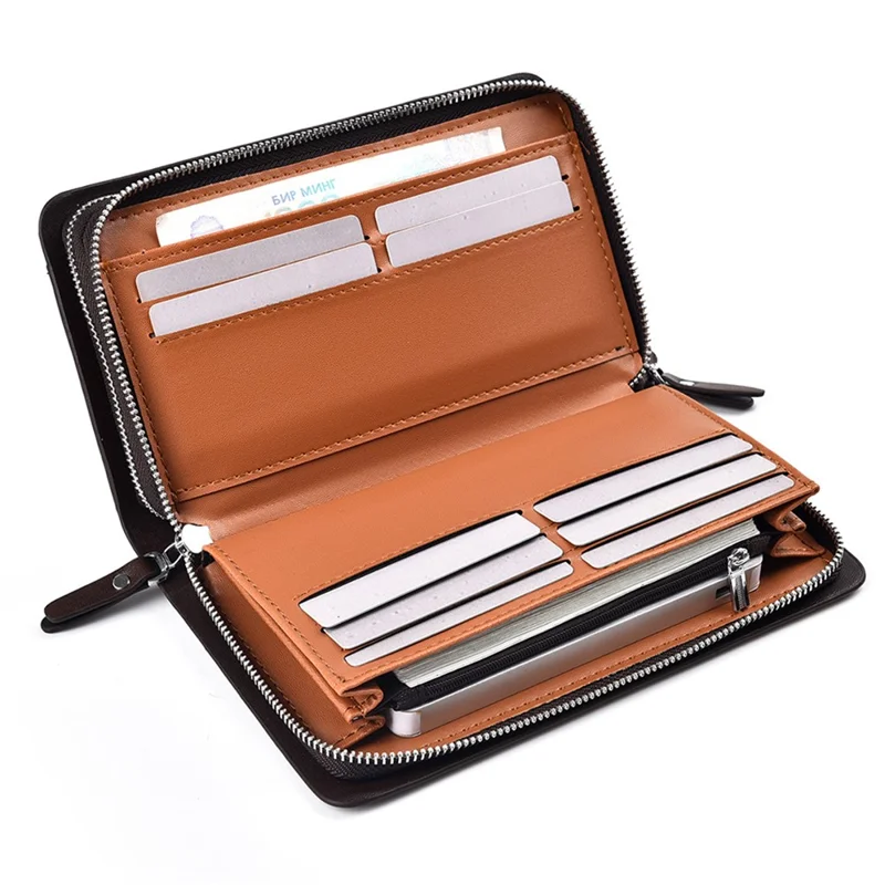 WEIXIER W124 Business Men PU Leather Long Wallet Dual Layer Zipper Clutch with Wrist Strap - Black