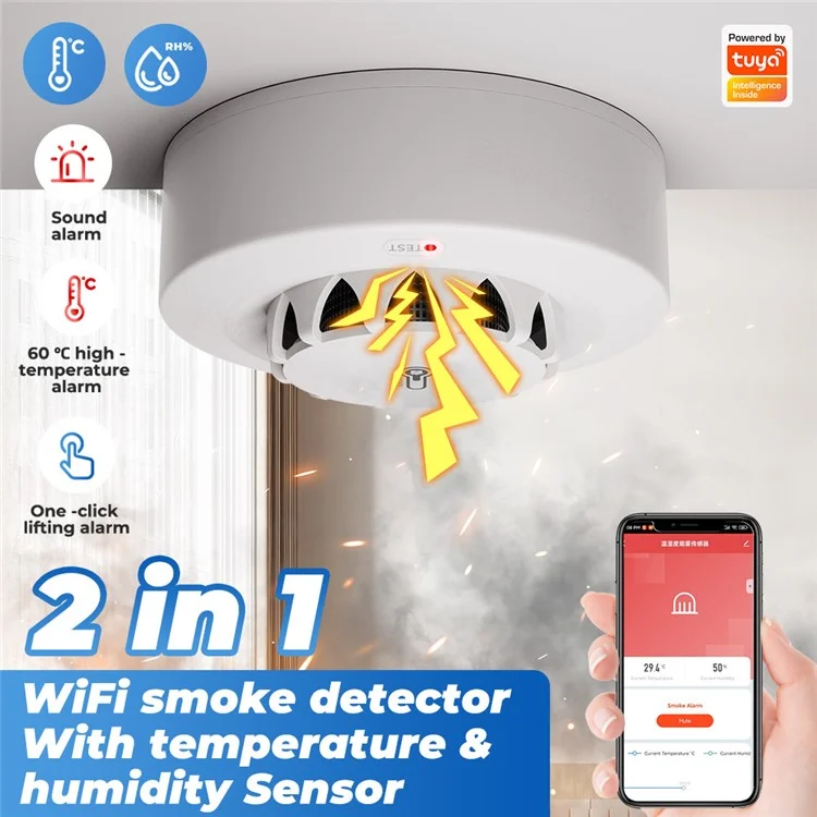 228WT-W 2-in-1 WiFi Smoke Detector with Temperature & Humidity Sensor Support Sound Alarm / Voice Control