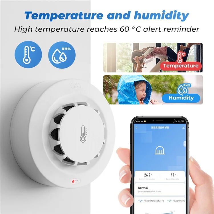 228WT-W 2-in-1 WiFi Smoke Detector with Temperature & Humidity Sensor Support Sound Alarm / Voice Control