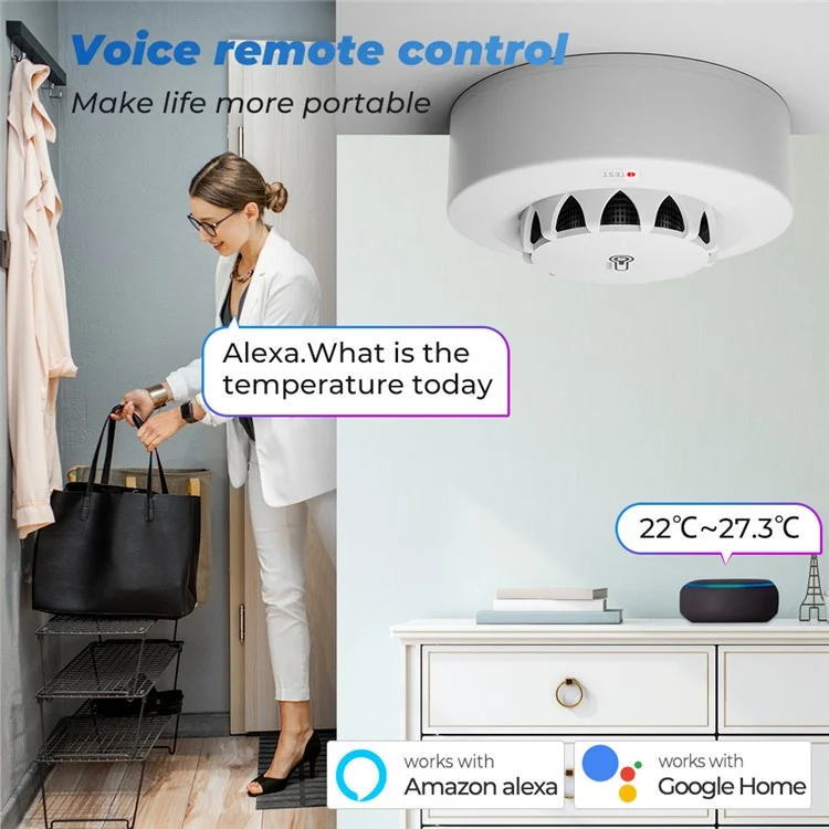 228WT-W 2-in-1 WiFi Smoke Detector with Temperature & Humidity Sensor Support Sound Alarm / Voice Control