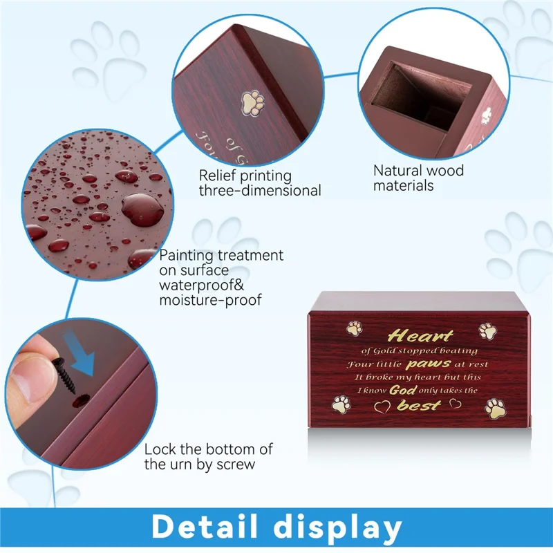 Paw Pattern Wooden Pet Cremation Ash Urn Storage Case Cat Dog Keepsake Memory Box