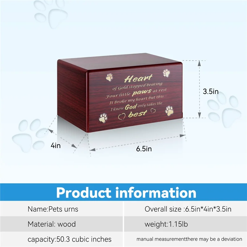 Paw Pattern Wooden Pet Cremation Ash Urn Storage Case Cat Dog Keepsake Memory Box