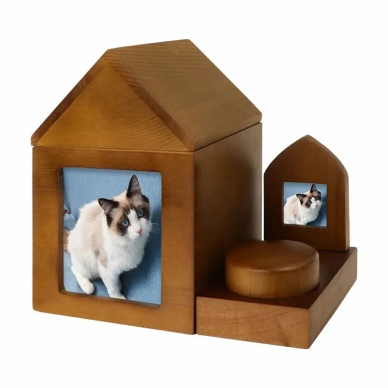 Size S Retro Solid Wood Pet Cremation Ash Urn Storage Case Cat Dog Photo Frame Memory Box