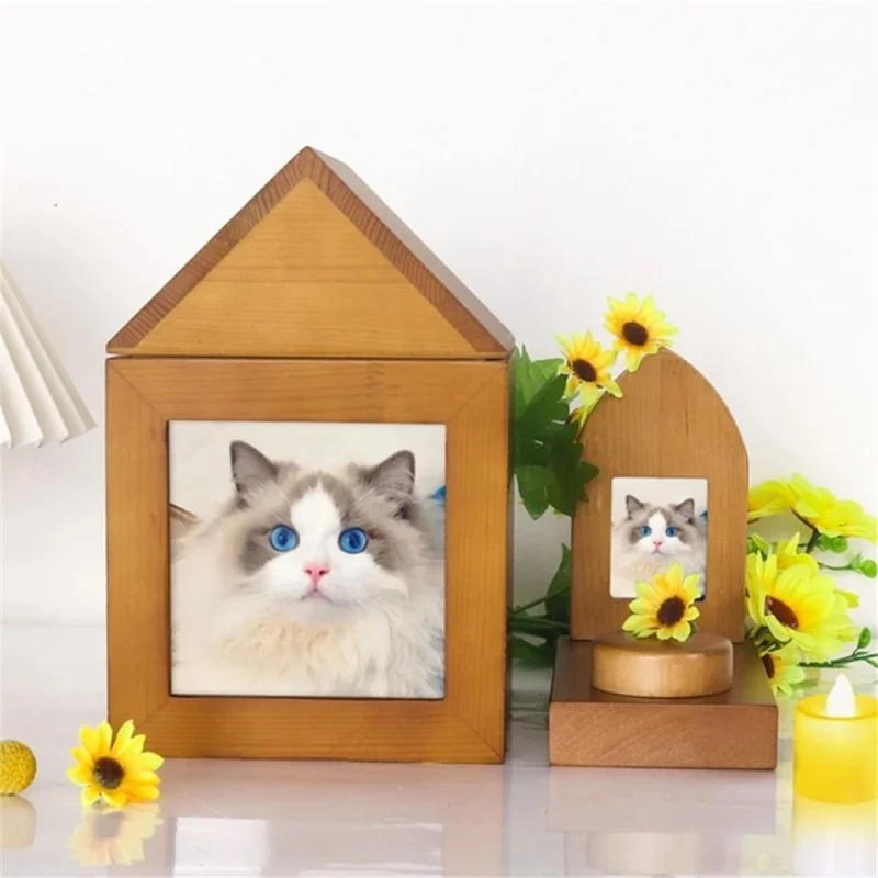 Size S Retro Solid Wood Pet Cremation Ash Urn Storage Case Cat Dog Photo Frame Memory Box