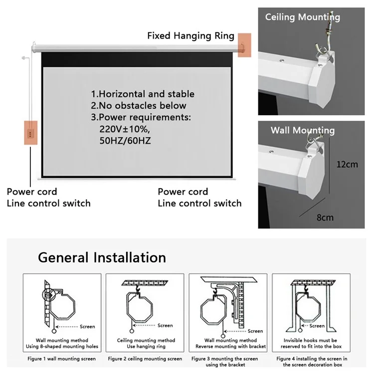 Einziehbares Autoverriegelung 60-zoll 4: 3 Projektionsbildschirm Konferenz Home Decken Wandmontage RC HD White Projection Screen, 220 v Eu-stecker