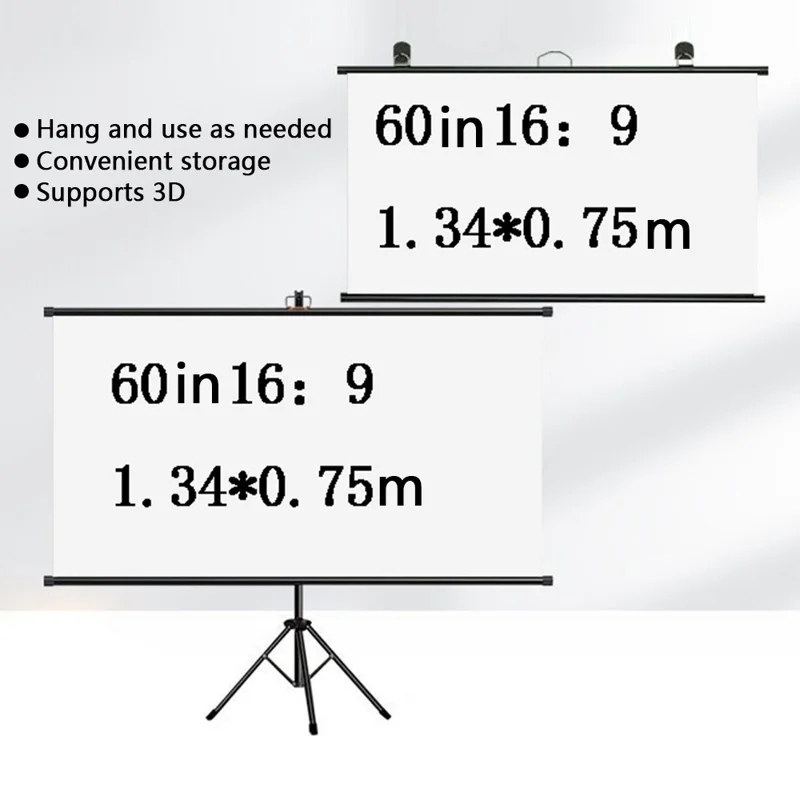 Wall Hanging Thickened Fiberglass Projection Screen Ground Stand 60-Inch Projector Movies Screen - Black / 16:9