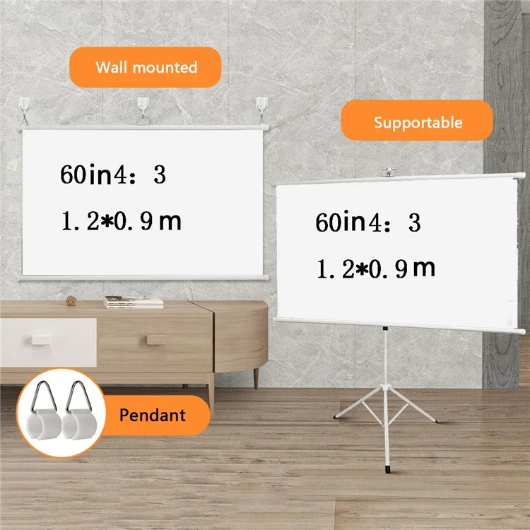 Wall Hanging Thickened Fiberglass Projection Screen Ground Stand 60-Inch Projector Movies Screen - White / 4:3