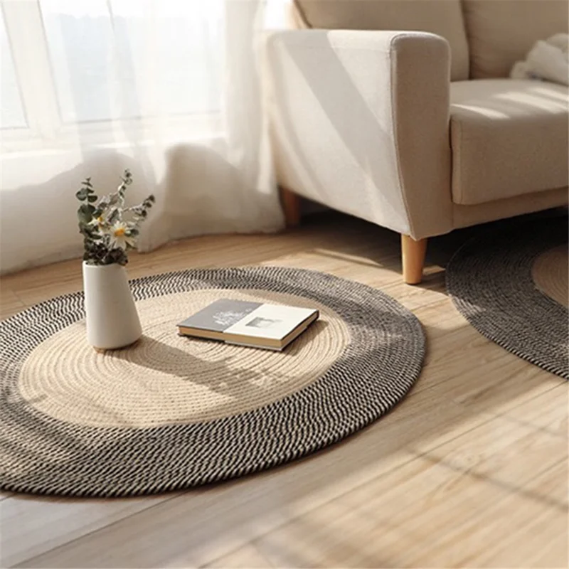 120CM Diameter Cotton Rope Woven Bedside Floor Mat Braided Pad Retro Style Ground Cushion
