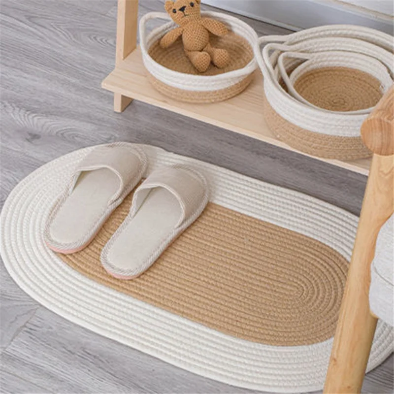 Oval Braided Woven Carpet Cotton Rope Floor Mat Doormat Home Decor for Entryway Bathroom Bedside - White+Khaki