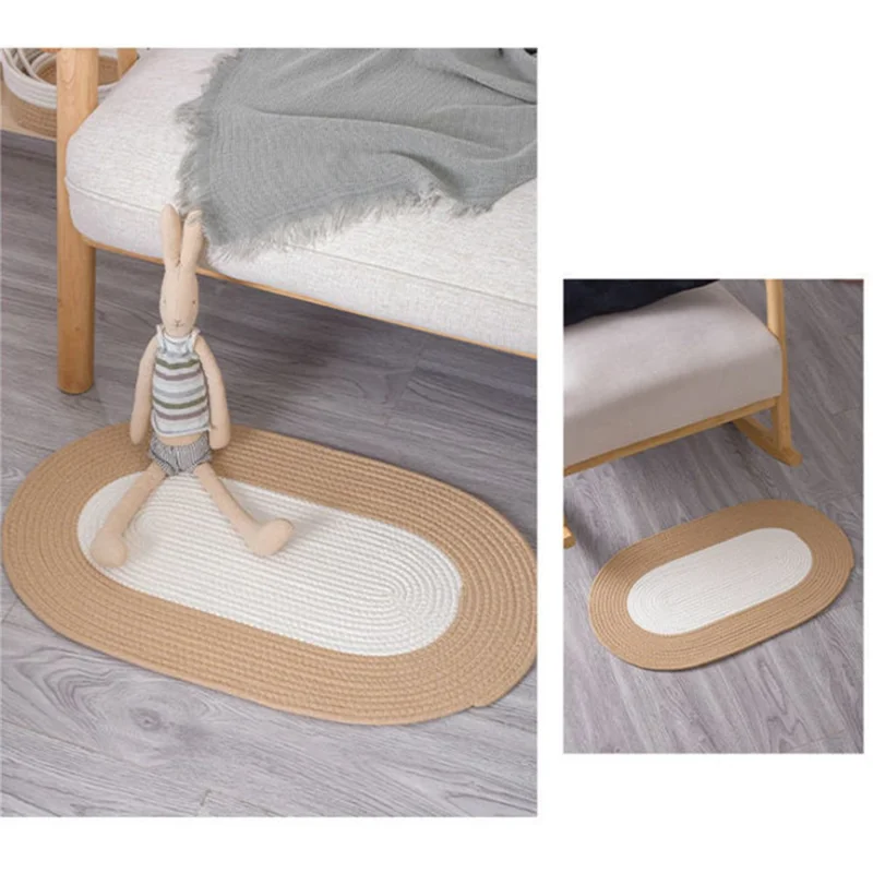 Oval Braided Woven Carpet Cotton Rope Floor Mat Doormat Home Decor for Entryway Bathroom Bedside - White+Khaki