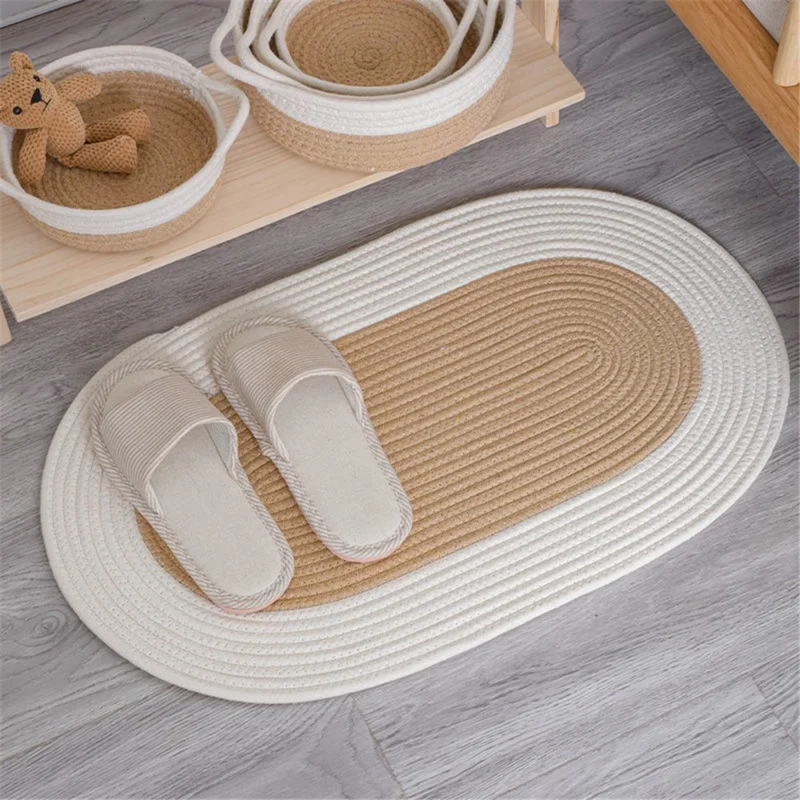 Oval Braided Woven Carpet Cotton Rope Floor Mat Doormat Home Decor for Entryway Bathroom Bedside - Khaki+White