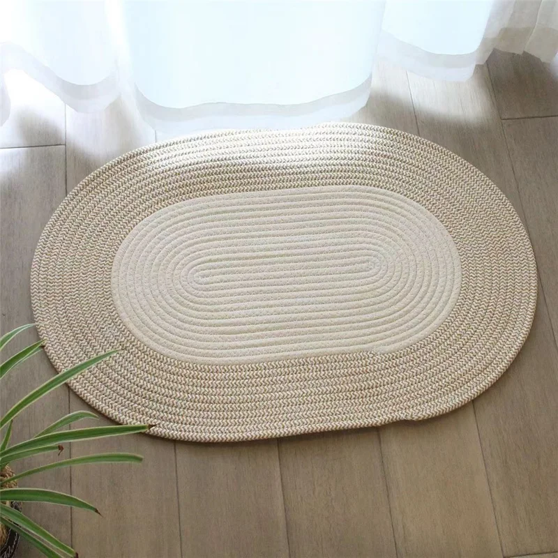 Oval Braided Woven Carpet Cotton Rope Floor Mat Doormat Home Decor for Entryway Bathroom Bedside - White+Light Khaki
