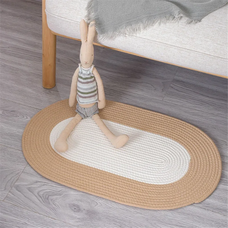 Oval Braided Woven Carpet Cotton Rope Floor Mat Doormat Home Decor for Entryway Bathroom Bedside - White+Light Khaki