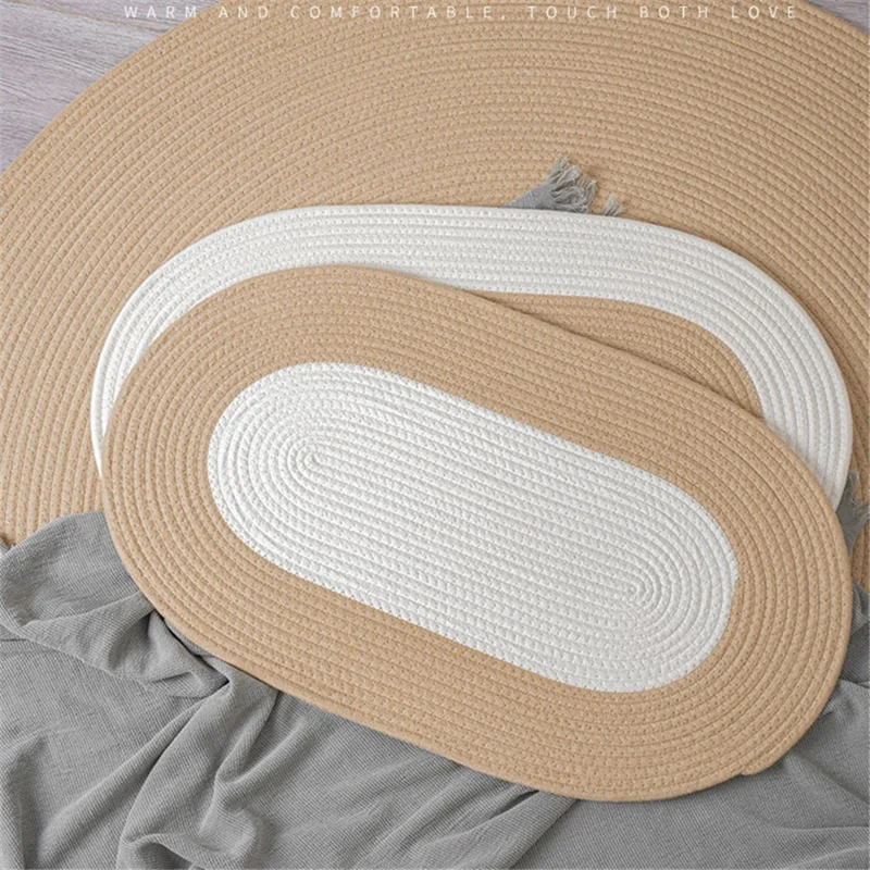 Oval Braided Woven Carpet Cotton Rope Floor Mat Doormat Home Decor for Entryway Bathroom Bedside - White+Light Khaki