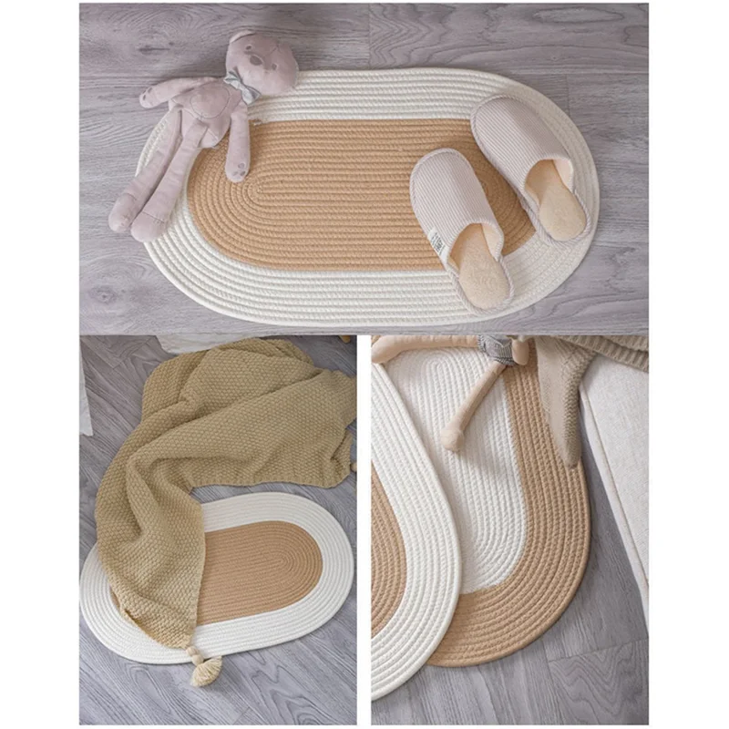 Oval Braided Woven Carpet Cotton Rope Floor Mat Doormat Home Decor for Entryway Bathroom Bedside - White+Light Khaki