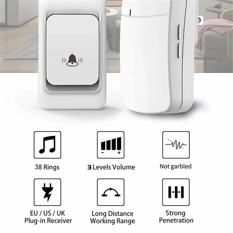 WHM07 Wireless Electronic Remote Digital Doorbell Set Receiver + Transmitter Home Door Bell, EU Plug - Black