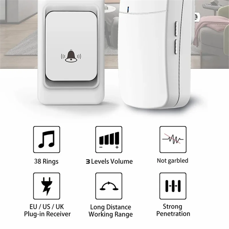 WHM07 Wireless Doorbell Set Receiver + Transmitter Electronic Remote Door Bell, US Plug - Black