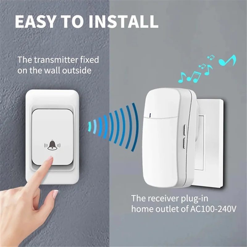 WHM07 Wireless Doorbell Set Receiver + Transmitter Electronic Remote Door Bell, US Plug - Black