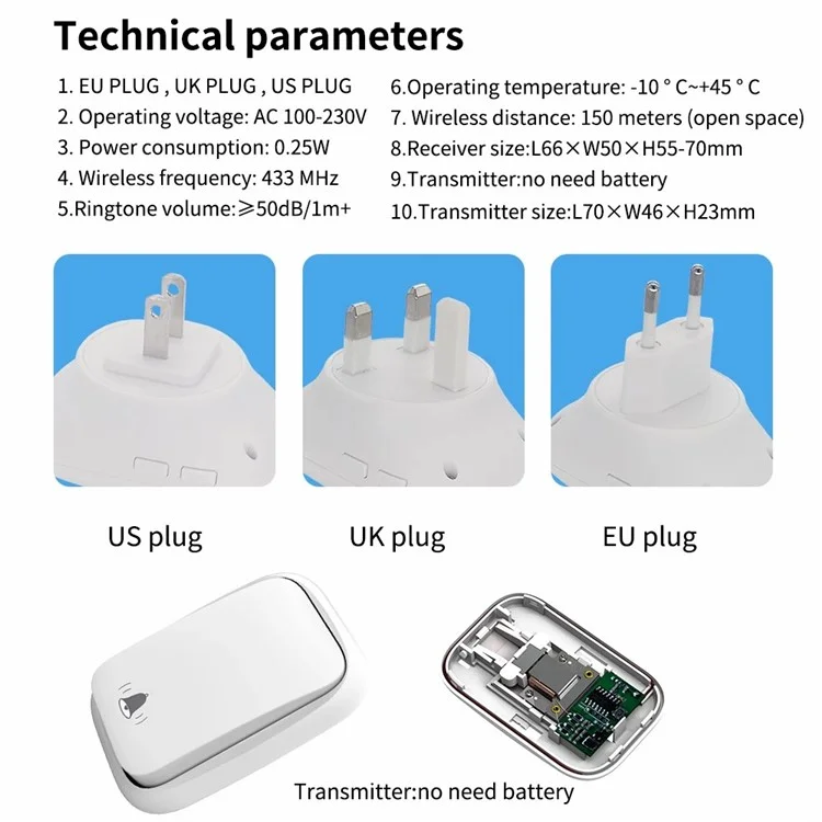 WHM01 US Plug Wireless Doorbell Home Door Bell Chime Kit (1 Transmisor+2 Receptores) - Blanco