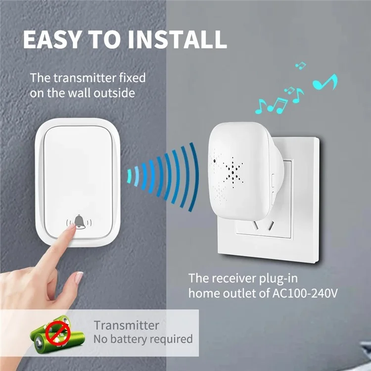 WHM01 US Plug Wireless Doorbell Home Door Bell Chime Kit (1 Transmisor+2 Receptores) - Blanco