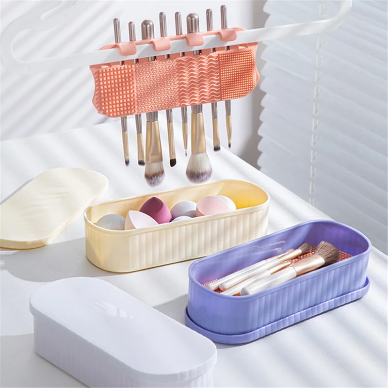 U026 Makeup Brush TRP+PP Storage Box Makeup Egg Puff Cleaning Filter Drying Rack - Creamy Yellow