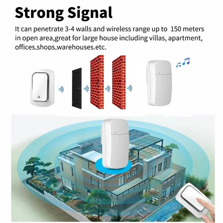 WHM02 Self-Powered Wireless Remote Ding Dong Doorbell, Transmitter+Receiver Set, EU Plug - Black