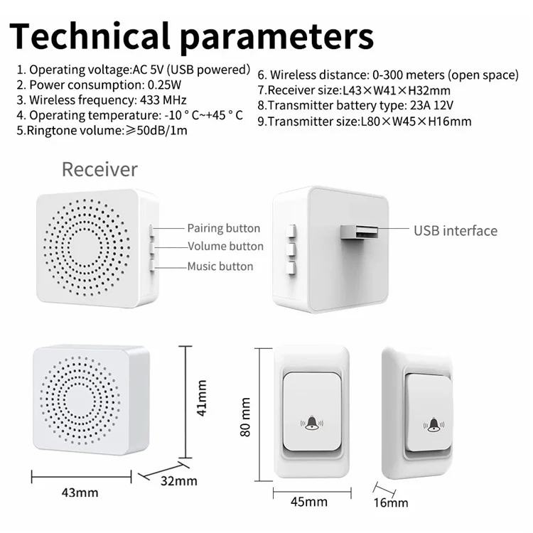 WHM06 USB Powered 3 Volume Levels Wireless Doorbell Kit (1 Transmitter+1 Receiver)