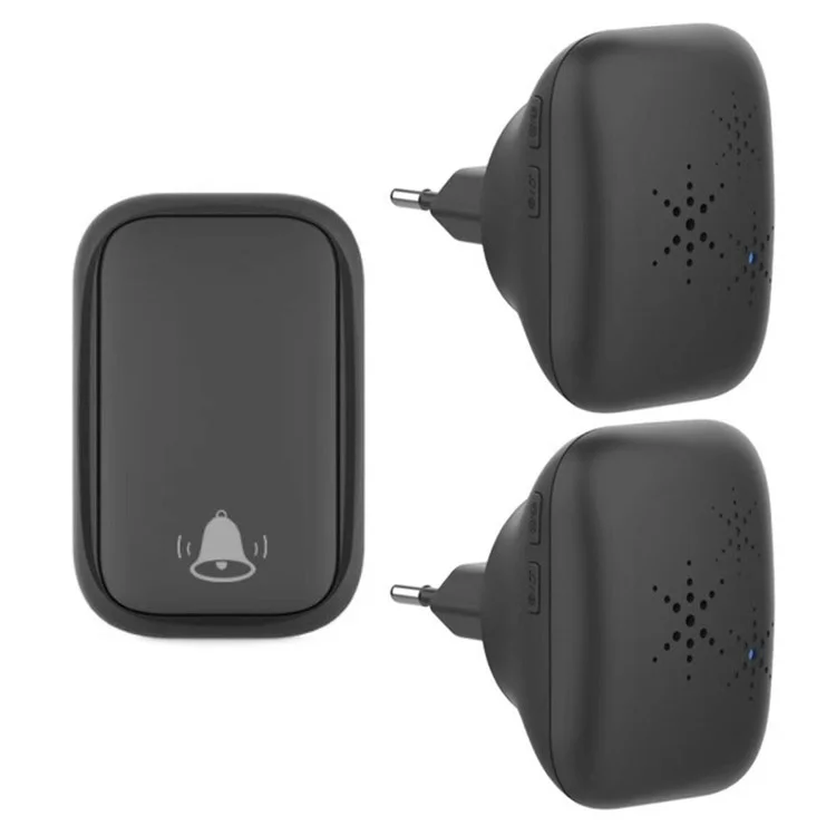 WHM01 EU Plug Waterproof Home Door Bell with 1 Transmitter+2 Receivers - Black