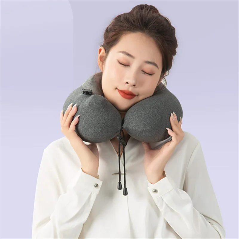Inflatable Memory Foam Pillow Travel U Shaped Neck Cushion with Gourd Buckle - Dark Grey