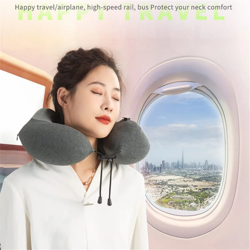 Inflatable Memory Foam Pillow Travel U Shaped Neck Cushion with Gourd Buckle - Dark Grey