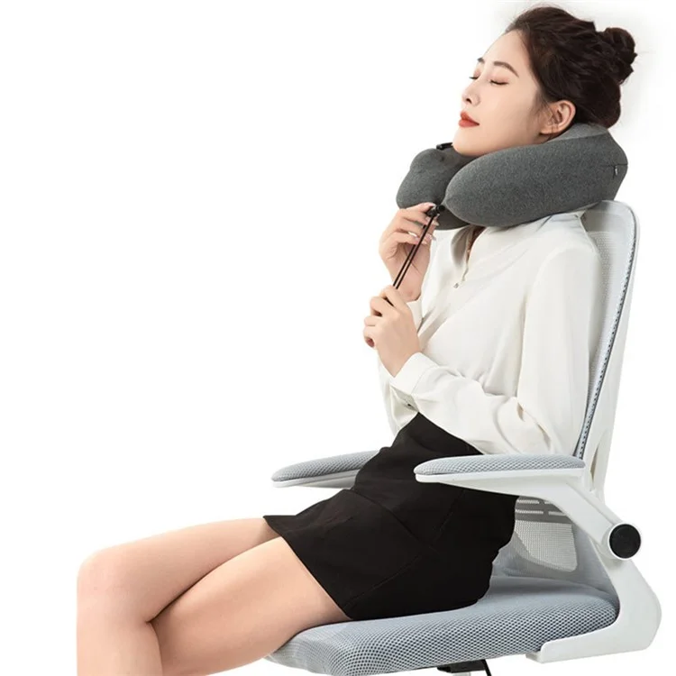 Inflatable Memory Foam Pillow Travel U Shaped Neck Cushion with Gourd Buckle - Dark Grey