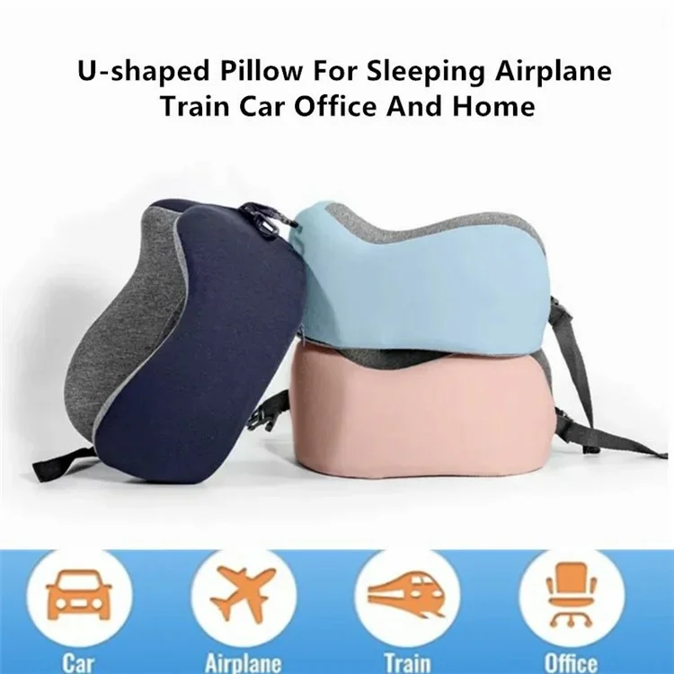 Cojín de cuello en forma de U con espuma de memoria de rebote lento para viajes en tren, avión - Azul