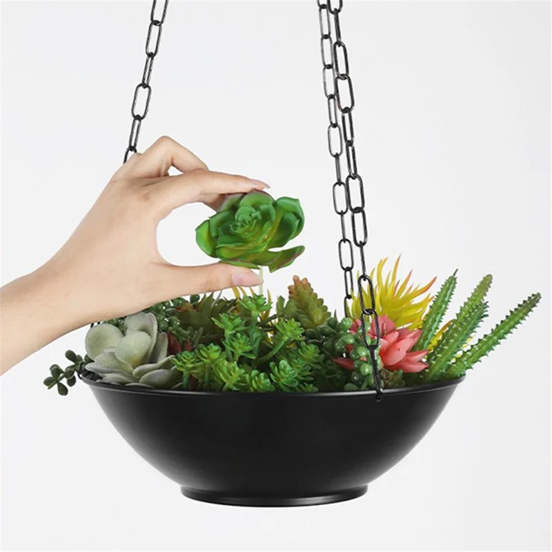 001-DL-01 Iron Hanging Flower Pot Indoor Outdoor Balcony Potted Plant Display Basket - Black