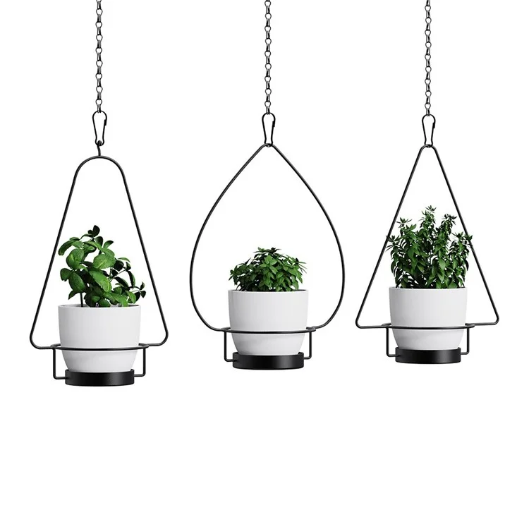 001- ZJ-YX08 3-in-1 Flower Pot Holder Wall-mounted Geometric Iron Hanging Rack