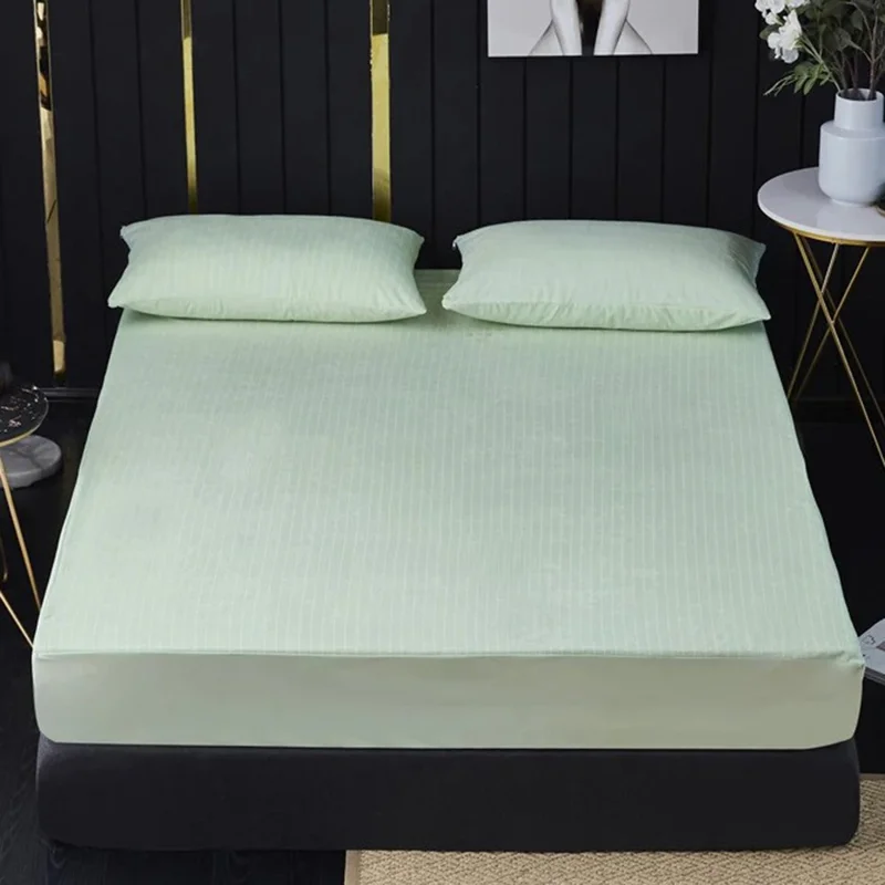 CL013 Bedding Mattress Protector Moisture-proof Elastic Striped Fitted Sheet, 200cmx200cmx30cm - Light Green